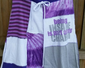 Upcycled T shirt Skirt "Being Insane" Purple Gray White