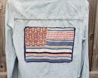 Americana Flag on Distressed Denim Juniors Large