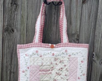 Upcycled Quilted Tote Bag with Pockets | Handmade Patchwork Market Bag | Lined Farmhouse Tote