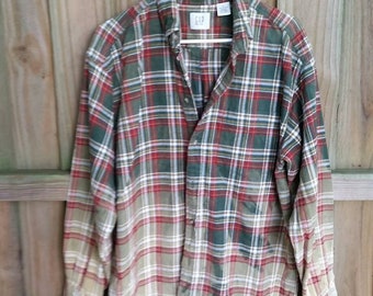 Men's Medium Distressed Flannel Shirt Green Tan Rust Fall Colors