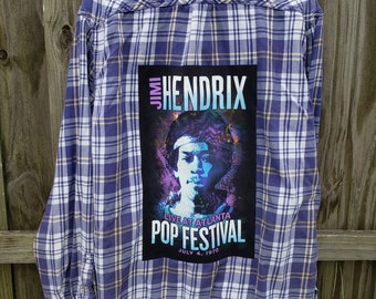Jimi Hendrix T on Purple Plaid Flannel Shirt Men's Size XL