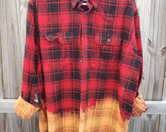 Men's XLG Bleached Distressed Flannel Shirt Red and Black