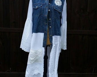 Upcycled Denim and White Lace Duster Jacket