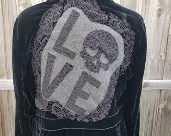 Love  with Skull Upcycled T Shirt on Velvet Jacket Ladies Medium