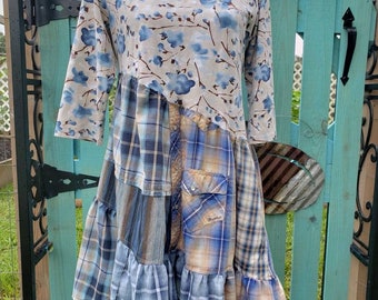 Upcycled Tunic Dress Blue Tan Brown Floral and Western Plaid