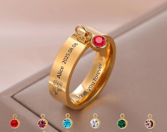 Custom Engraved Name Ring with Birthstone & Birth Flower • Personalized Text • Gold/Silver • Stainless Steel Birthday Gift for Her