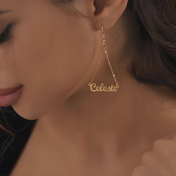 Custom Gold-Plated Name Drop Earrings | Personalized Chain-Linked Dangle Jewelry, Silver Option, Elegant Gift for Her, Custom Name Jewelry