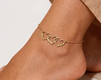 Benutzerdefinierte Linked Herz Name Fußkettchen mit 1-5 Namen • Gold / Silber / Rosegold Edelstahl Personalisierter Familie Fuß Schmuck