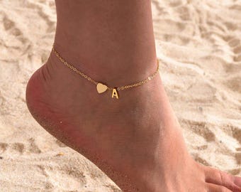Heart Initial Anklet • Letter Options • Adjustable Gold Chain • Hypoallergenic Stainless Steel • Personalized Beach Jewelry Gift for Her