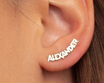 Personalized Punk Name Earrings, Custom Stainless Steel Studs in Gold or Silver, Unique Ear Jewelry Gift for Men Women,Jewelry Birthday Gift