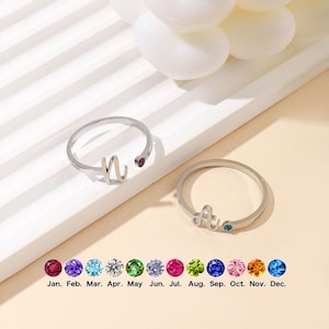 Puede incluir: Dos anillos plateados con bandas abiertas, cada uno con una letra y una pequeña gema. Un anillo tiene la letra "N" y una gema roja, mientras que el otro tiene la letra "A" y una gema azul. Una tabla de colores de gemas se muestra abajo.