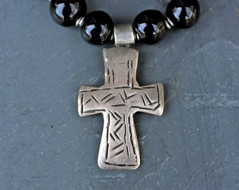 Antique Ethiopian Cross Necklace with Black Kazuri Beads