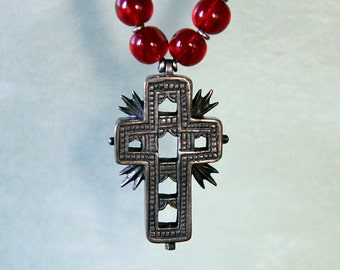 Antique Bulgarian Cross Necklace with Red Glass Beads