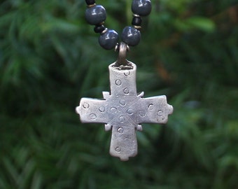 Antique Ethiopian Cross Necklace with Charcoal Gray Kazuri Beads