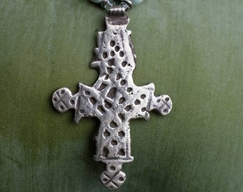 Antique Ethiopian Cross with Robin Egg Kazuri Beads