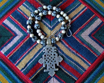 Antique Ethiopian Cross Necklace with Black and Cream Kazuri Beads