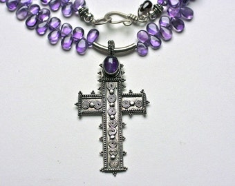 Old Amethyst Sterling Cross Necklace with Amethyst Briolettes