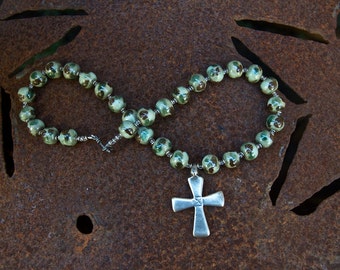 Antique Ethiopian Cross Necklace with Green Kazuri Beads