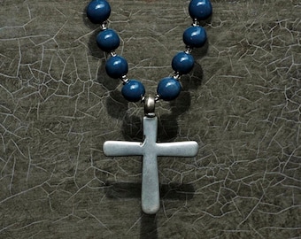 Antique Ethiopian Cross Necklace with Blue Kazuri Beads