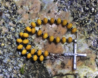 Antique Ethiopian Cross Necklace with Honey Agate Beads