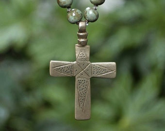 Antique Ethiopian Cross Necklace with Green Kazuri Beads