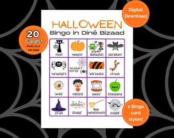 Navajo Halloween Bingo, afdrukbaar bingospel voor leuke onderdompeling in Navajo en leren!