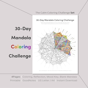 May include: A 30-Day Mandala Coloring Challenge set. The image shows a detailed mandala design with sections labeled for daily coloring. The text includes "The Calm Coloring Challenge Set" and "30-Day Mandala Coloring Challenge".