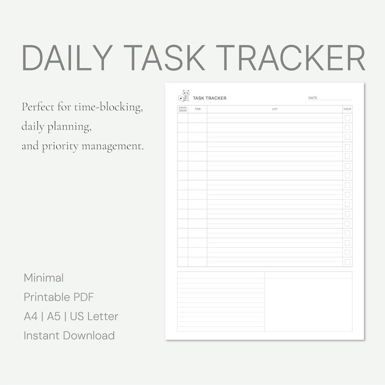 Daily Task Tracker Printable PDF | Minimal to Do List | A4 & US Letter ...
