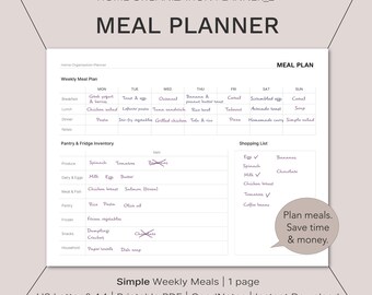 Weekly Meal Planner Printable | Minimal Grocery & Kitchen Organizer | One page Food Plan PDF