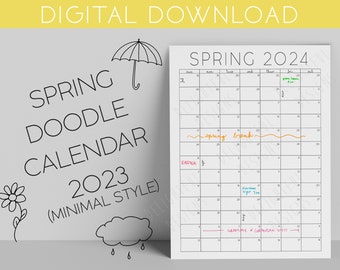 PRIMAVERA 2024 Calendario Doodle ESTILO MÍNIMO, Impresión digital, del 18 de febrero al 18 de mayo