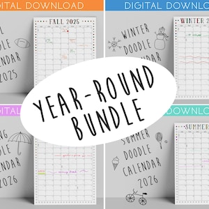 Fall 2025, Winter 2025/26, Spring 2026, Summer 2026 - Year-Round BUNDLE Doodle Calendar -  CLASSIC STYLE -  Digital Print
