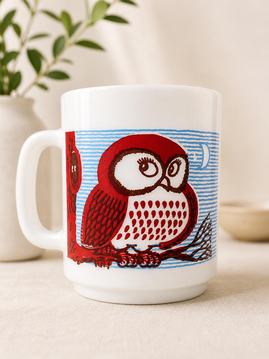Vintage Owl Mug Milk Glass Glasbake Cup Retro Kitchen Collectible White Mug