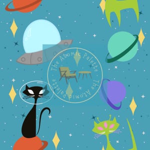 May include: A whimsical, retro-style pattern featuring planets, stars, and cartoon cats in space helmets. The design includes a flying saucer and the text "The Atomic Palette" in a circular logo, all set against a teal background.