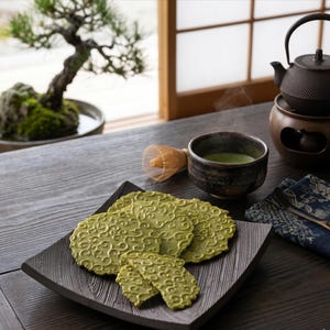 May include: A serene composition featuring matcha tea and snacks. A dark wooden table holds a square plate with green, patterned cookies, a bowl of matcha, a whisk, and a teapot. A bonsai tree and a window are in the background.