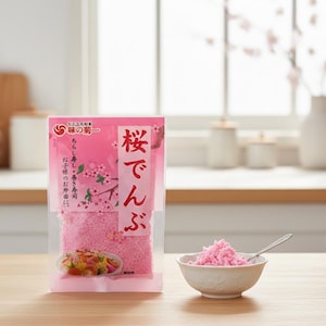 May include: A package of pink, granular food product labeled in Japanese, with the text "Sakura Denbu". A small white bowl contains a portion of the pink food, with a small spoon. The background includes a window and a wooden surface.