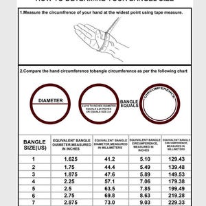 Peut inclure: Un tableau expliquant comment d&eacute;terminer la taille d'un bracelet. Il comprend un sch&eacute;ma de mesure de la circonf&eacute;rence de la main et un tableau avec les tailles de bracelets (US), les diam&egrave;tres &eacute;quivalents en pouces et millim&egrave;tres, et les circonf&eacute;rences.