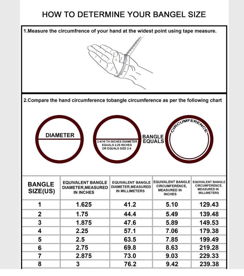 Peut inclure: Un tableau expliquant comment d&eacute;terminer la taille d'un bracelet. Il comprend un sch&eacute;ma de mesure de la circonf&eacute;rence de la main et un tableau avec les tailles de bracelets (US), les diam&egrave;tres &eacute;quivalents en pouces et millim&egrave;tres, et les circonf&eacute;rences.