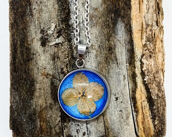 Real Pressed Dried Hydrangea Blossom - Nature Walk Pendant with Stainless Steel Base and Chain