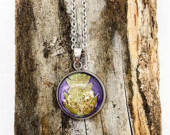 Real Queen Ann’s Lace and Fern - Nature Walk Pendant with Stainless Steel Base and Chain