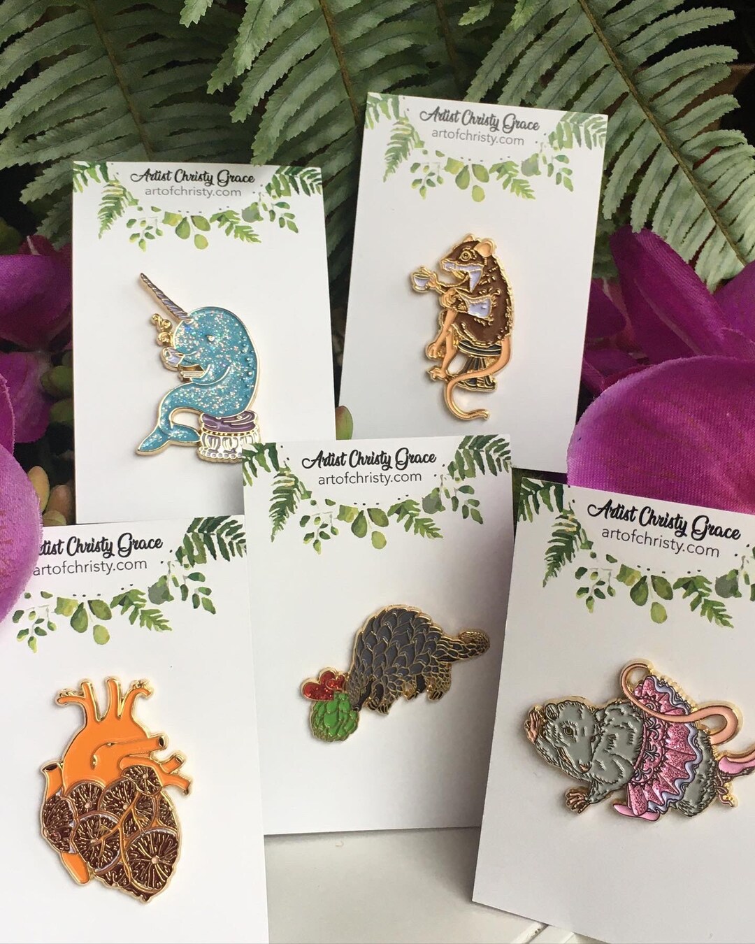 Set of All 5 Enamel Pins Narwhal, Pangolin, Possum, Rat, & Heart Etsy