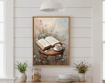 Può includere: Dipinto incorniciato raffigurante un libro aperto e una tazza da tè su un tavolino di legno, circondato da fiori. L'opera d'arte ha una palette di colori tenui e pastello con un'estetica vintage. La scena è ambientata su uno sfondo strutturato.