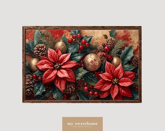 素朴なポインセチアの静物画：クリスマスTVアート（デジタル