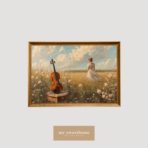 Pode incluir: Pintura emoldurada que retrata um violino sobre uma pequena mesa em um campo de rosas. Uma mulher de vestido branco está ao longe. A obra de arte tem uma moldura dourada e uma estética romântica. O céu é azul com nuvens fofas.