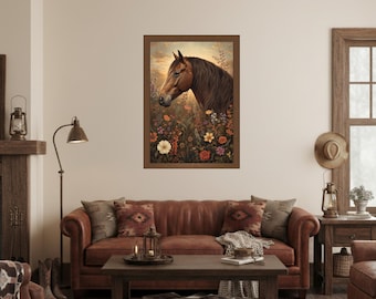 Impresión artística de campo con caballo en una decoración primaveral de flores silvestres, estilo rústico de granja.