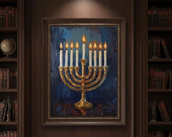 Golden Hanukkah Menorah Oil Painting - Jewish Festival Of Lights Wall Art print