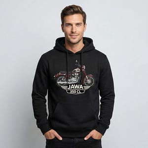 May include: Black hooded sweatshirt featuring a vintage motorcycle graphic. The motorcycle is red and white with the text "JAWA 350 CL" in a white emblem. The sweatshirt has a front pocket and a drawstring hood.