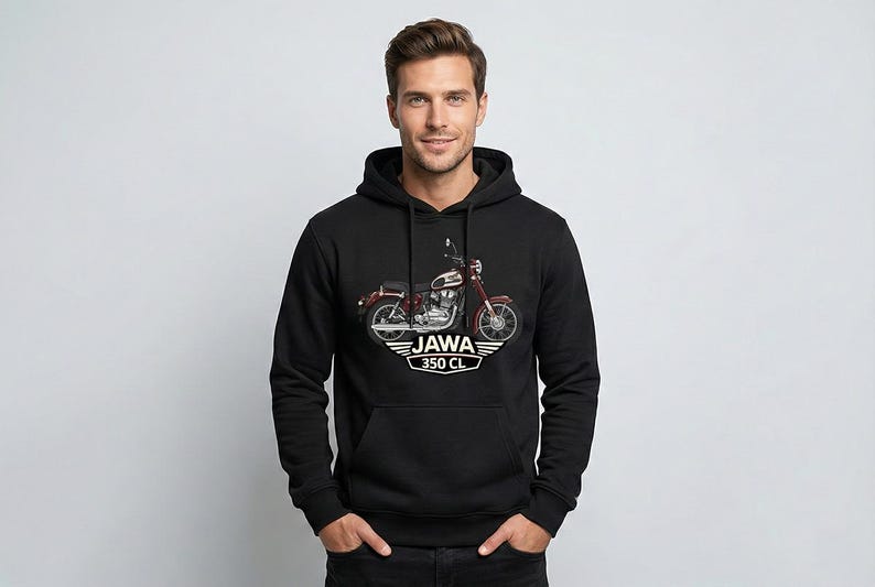 May include: Black hooded sweatshirt featuring a vintage motorcycle graphic. The motorcycle is red and white with the text "JAWA 350 CL" in a white emblem. The sweatshirt has a front pocket and a drawstring hood.