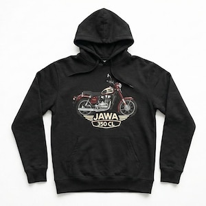 Könnte beinhalten: Schwarzer Kapuzenpullover mit Motorrad-Design. Die Grafik zeigt ein klassisches Motorrad in Rot, Creme und Silber, mit dem Text "JAWA 350 CL" in einem weißen und goldenen Emblem.