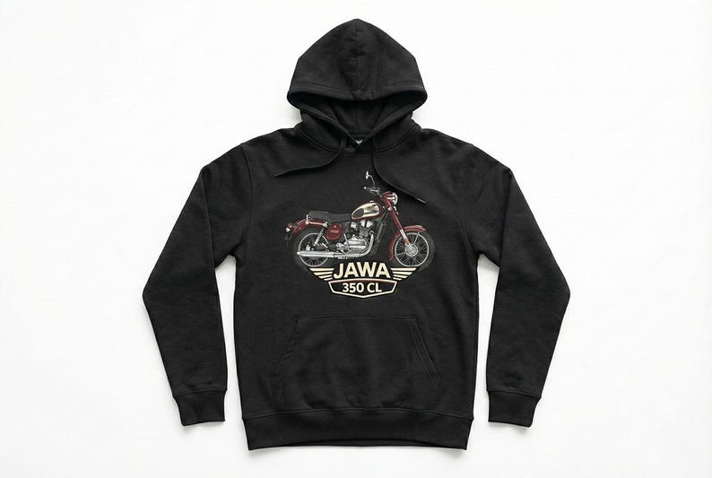 May include: Black hooded sweatshirt featuring a motorcycle graphic. The graphic depicts a vintage motorcycle in red, cream, and silver, with the text "JAWA 350 CL" in a white and gold emblem.