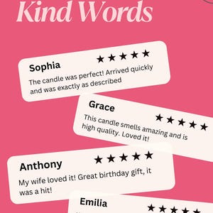 three positive reviews of candles, with stars indicating that the candles were perfect and were exactly as described.